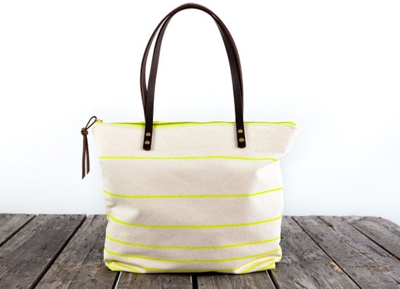 Canvas Tote Bag with Stripes  Leather Straps  NEON  NEUTRAL ...