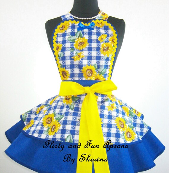 Yellow and Blue Sunflower Apron with Gingham by FlirtyandFunAprons