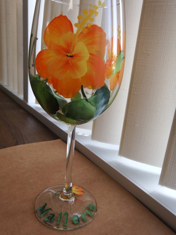 Hand painted hibiscus wine glasses