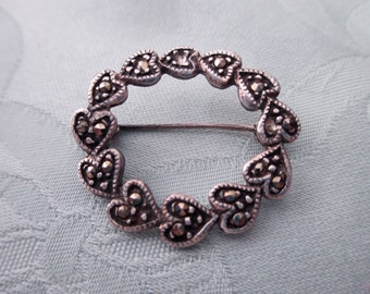 heart sterling silver pin - marcasites, circle, brooch