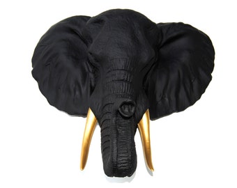 Black Elephant Head Wall Mount with Gold Tusks Wall Mount - Faux Taxidermy EL1708