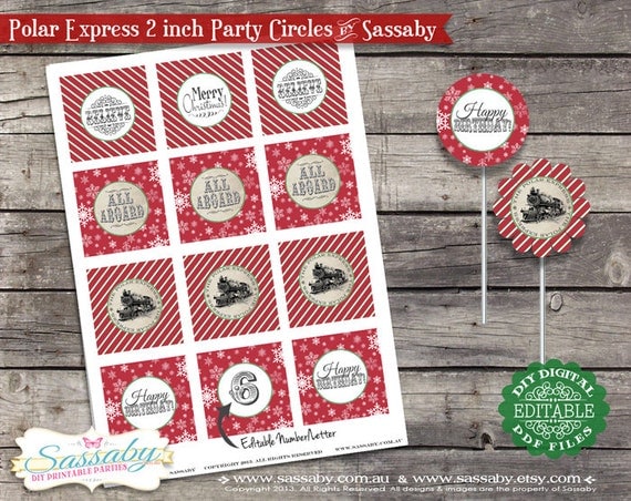 Polar Express Red Birthday/Christmas Party Circles/Favor Tags - INSTANT DOWNLOAD - Editable & Printable Decorations by Sassaby Il_570xn