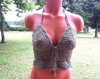 Vikni Crochet Festival Sage Green Hippie Halter Top, Crochet Crop Top, Boho Crochet Top
