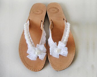 Wedding flip flops - Handmade leath er flip flops decorated with lace ...