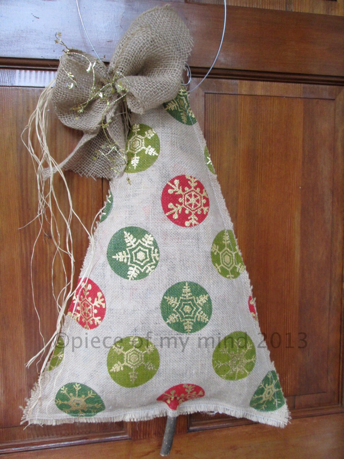 READY TO SHIP Burlap Christmas Tree Burlap Door Hanger Polka Dot with Metallic Ornament Print