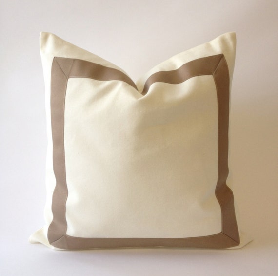 White Cotton Canvas Decorative Throw Pillow Cover with Taupe