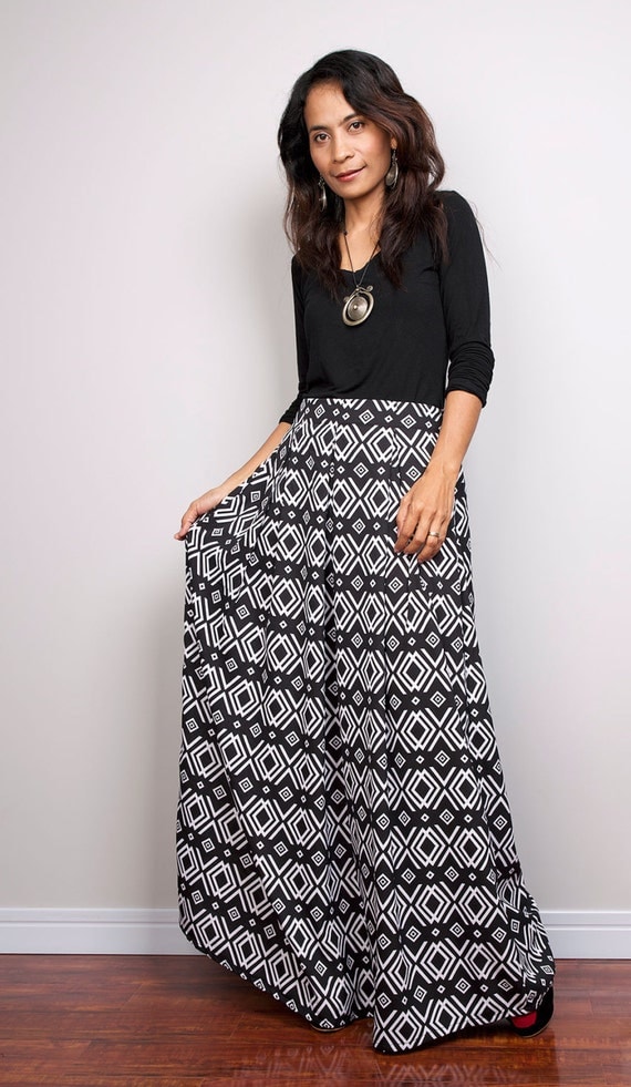 Items similar to Floor Length Skirt - Black and White Maxi Skirt : Feel ...