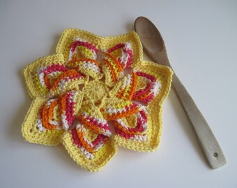 Crochet Flower Trivet Hot Pad - Shades of Yellow, Pink and Orange