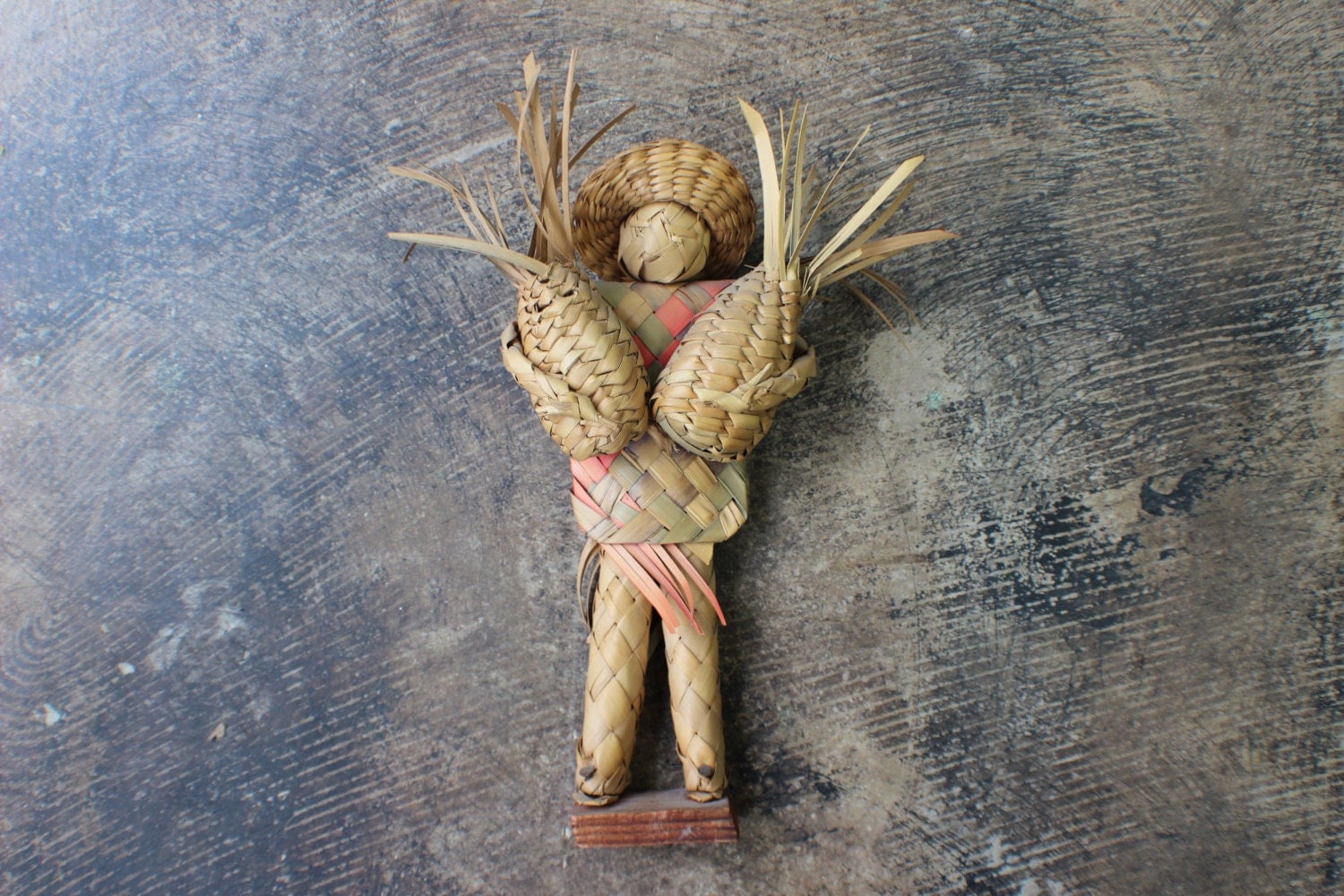 Mexican Wall Art / Straw Figure Holding Baskets / Vintage