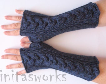 Fingerless Gloves Mittens Dark Blue 10" Arm Warmers, Acrylic