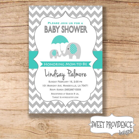 Elephant Baby Shower Invitation / Teal Grey Elephant Baby