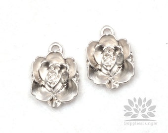 P504-MR// Matt Original Rhodium Plated Flower Pendant, 4 pcs
