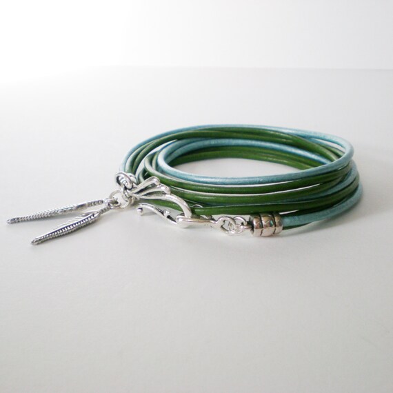 green leather wrap bracelet personalized leather charm