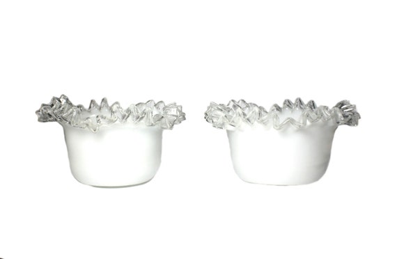 Czechoslovakia glass bowl white glass with clear glass ruffled edge small bowl