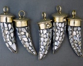 Tibetan Brass Horn Pendant-- Large Tibetan Mother of Pearl and Brass Mosaic Pendant - Bulk Of 5 - (S44a-B7)