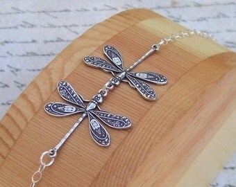 Silver Dragonfly Anklet, Sterling Silver Anklet, plus size bracelet, summer, spring fashion, kissing dragonflies, dragon fly