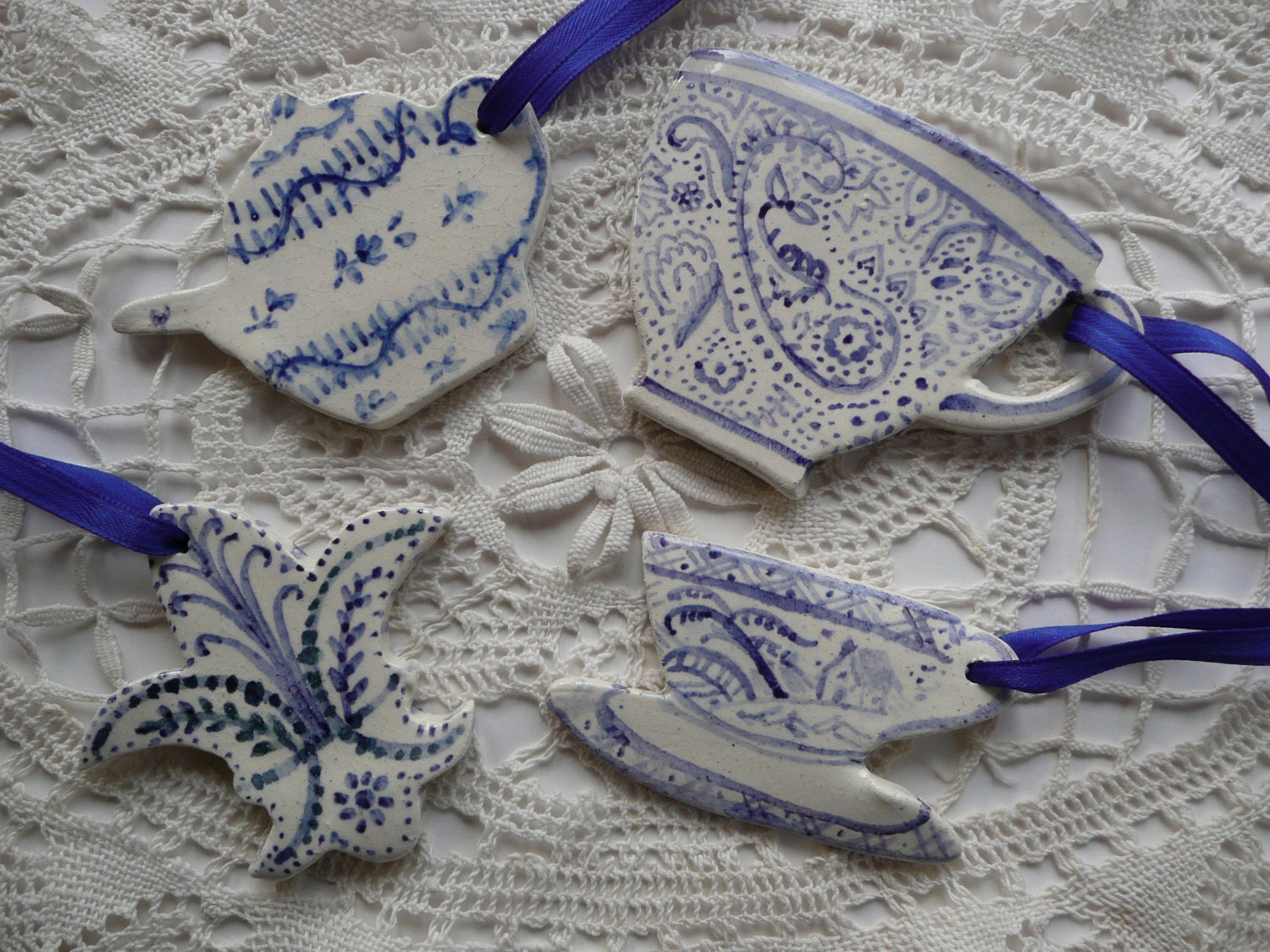 Ceramic Tea Ornaments French Country blue and white