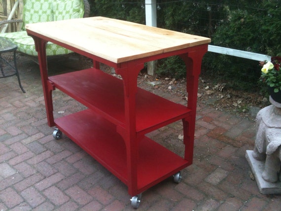 Items similar to Red kitchen island with red oak top ...