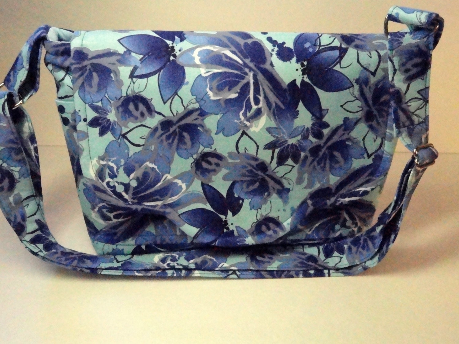 Medium Messenger Bag for Women Blue Floral Handbag Fabric