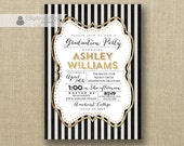 Black & Gold Glitter Graduation Party Invitation Black and White Vertical Stripes Modern Gatsby Bachelorette DIY Digital or Printed- Ashley Il_170x135