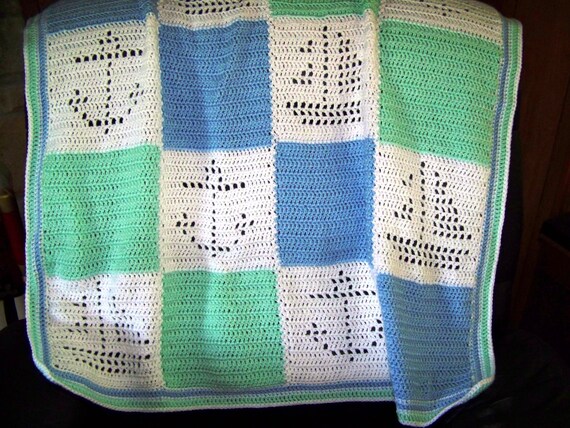 Hand Crocheted Baby Afghan Blanket Nautical Theme Boats and