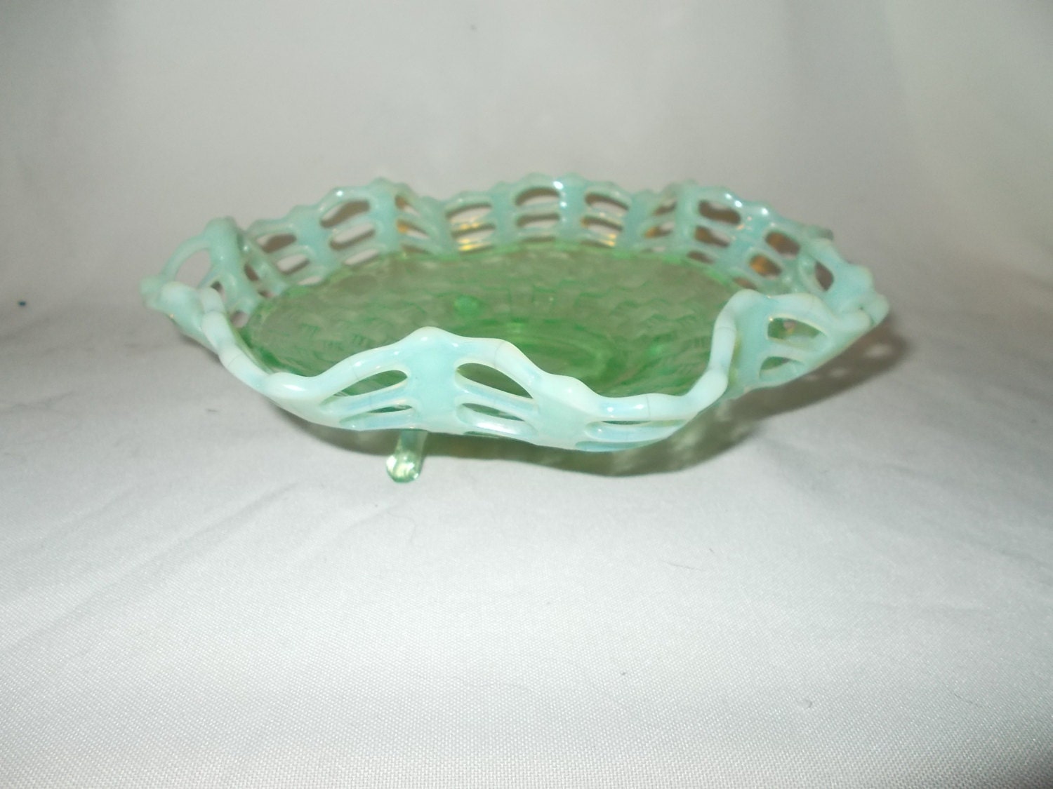 Fenton Green Opalescent Glass Candy Dish Tri Foot Ruffled Open