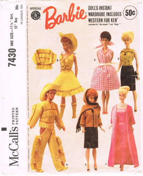 McCalls 7430 Vintage 1960s Sewing Pattern Offical Mattel