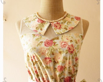 Floral Dress Peter Pan Collar Dress Blue Pink Coral Floral Dress Illusion Dress Bridesmaid Dress Dress -Size XS-XL