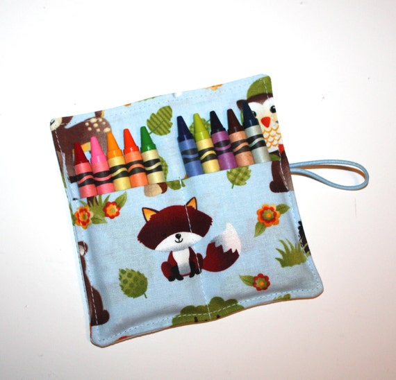 Crayon Rolls, Woodland Animals, Fox Deer Raccoon Owl Bear, holds up to 10 Crayons, Party Favors Crayon Rolls Il_570xn