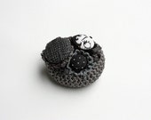 Cluster circle brooch pin, crochet with fabric buttons - black, white, gray - OOAK