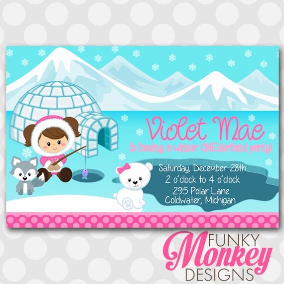 Diy Personalized Winter ONEderland Pink Eskimo Girl Birthday Party Digtial PRINTABLE 4"x6" Invitation Il_570xn