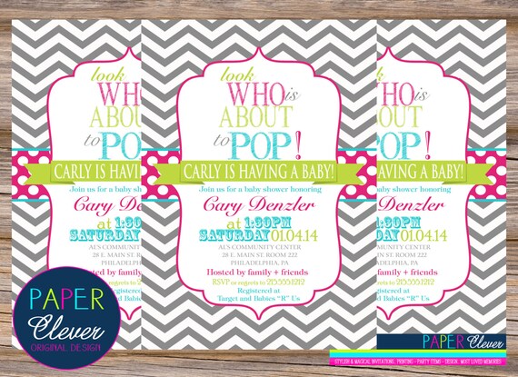 About to pop girls Baby Shower Invitation hot pink, lime - printable, digital file #141 Il_570xn