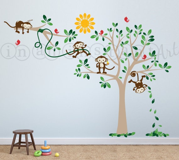 Monkeys in a Tree with Branch Vinyl Wall Decal Monkey Tree