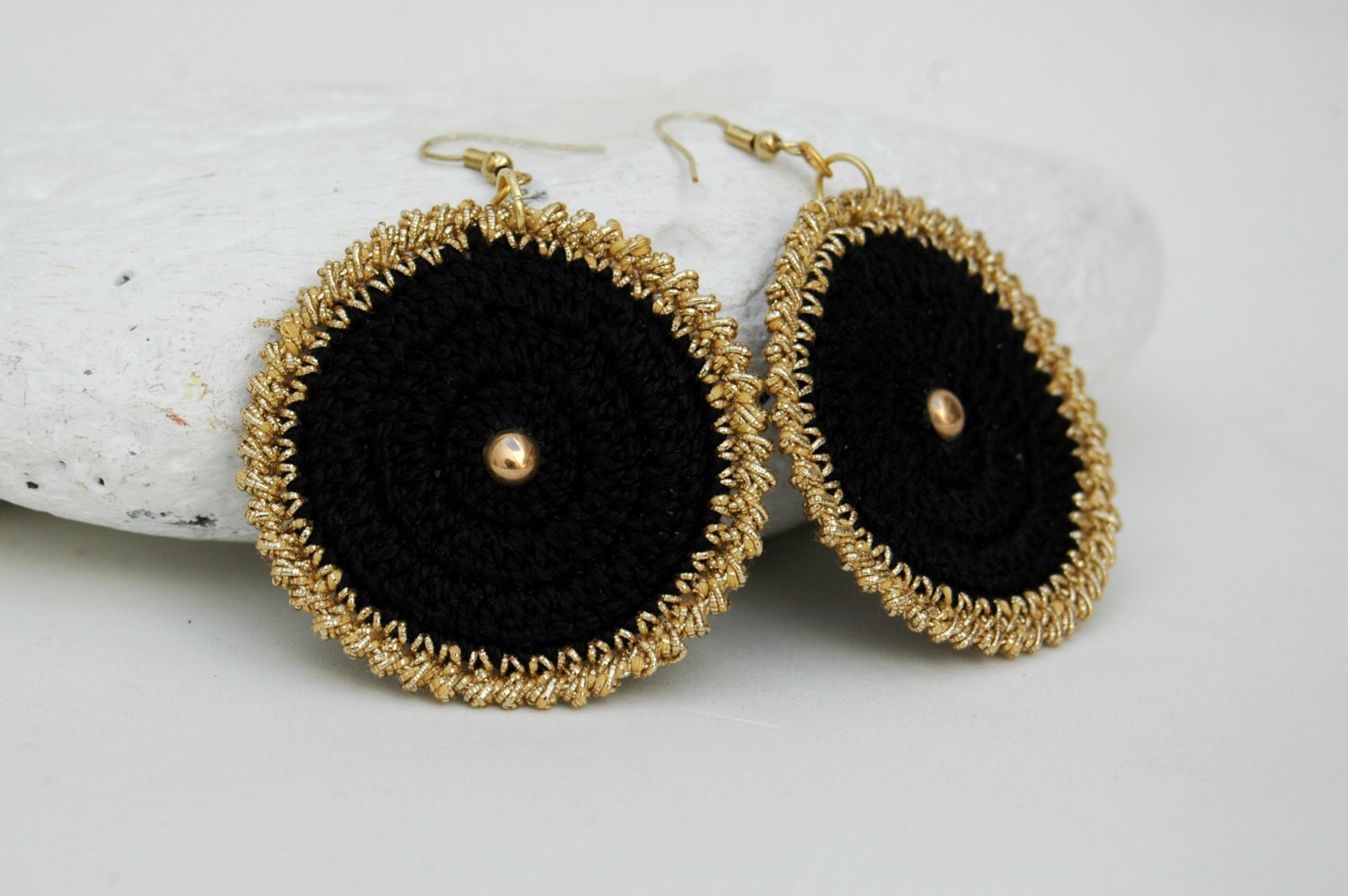 Black golden earrings Crochet earrings Textile fashion