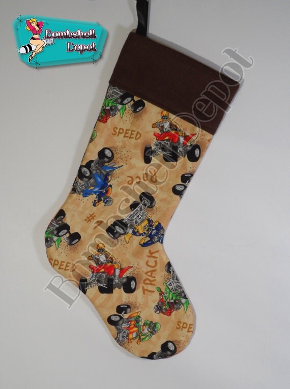 ATV Quad Racing Theme Christmas Stocking Lined w/ Brown Cuff