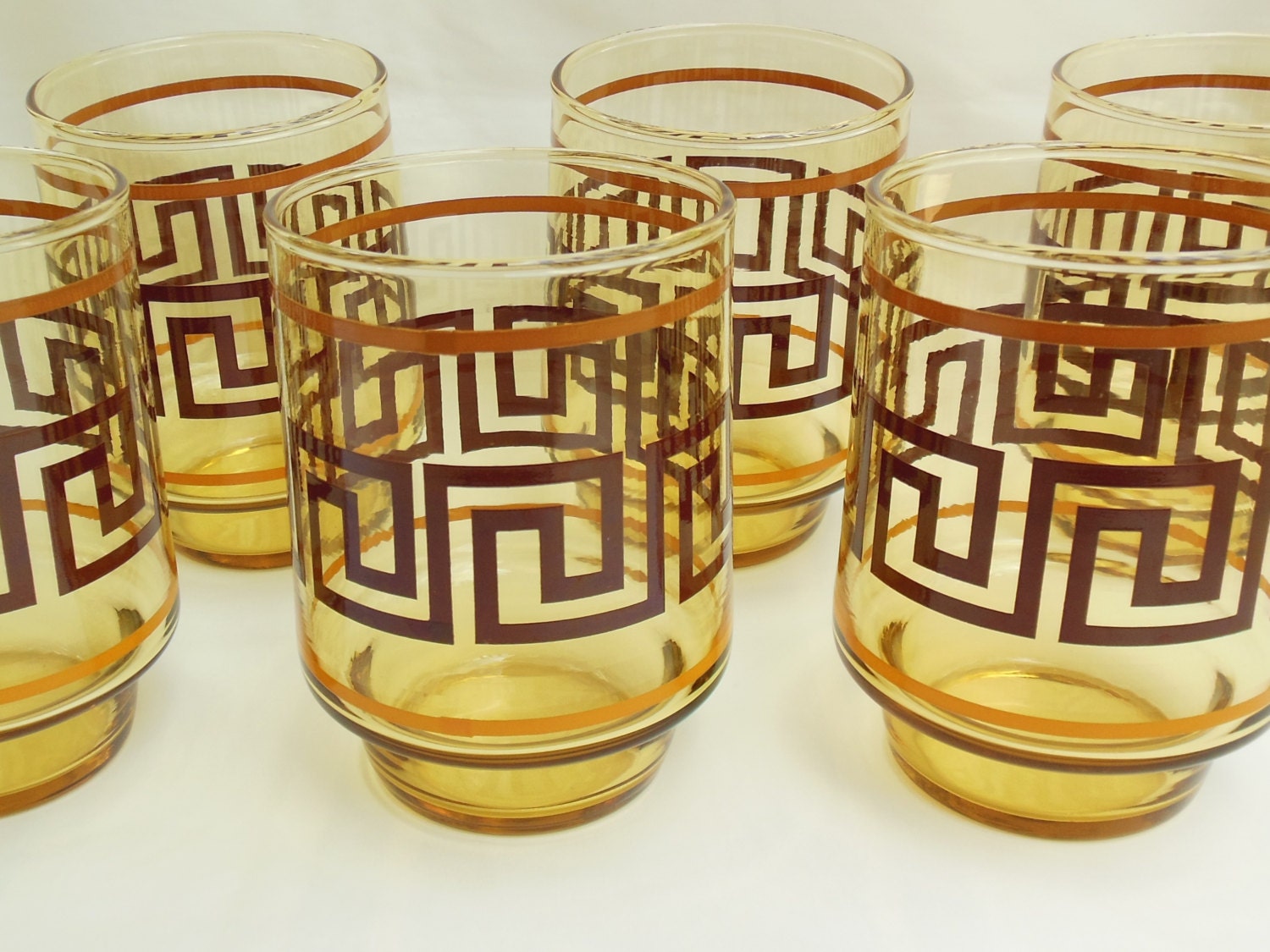 Set of Six Amber Drinking Glasses with Brown Greek Key Design and
