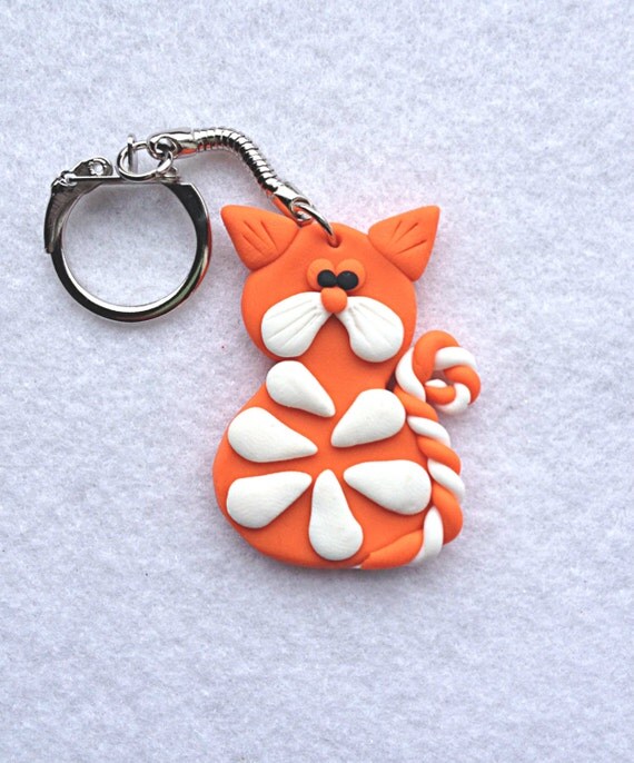 Cute Cat Keychain Cat Keyring Polymer Clay Ginger Cat by EmuArt