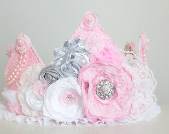 Vintage Inspired Pink White Sliver and Floral Rosette Fabric Crown - Perfect Birthday Hat or Wedding Photography Prop