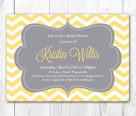 Chevron Bridal Shower Invitation. Chevron Baby Shower Invitation in Yellow & Gray. DIY Printable Bridal Shower Invite. Il_570xn