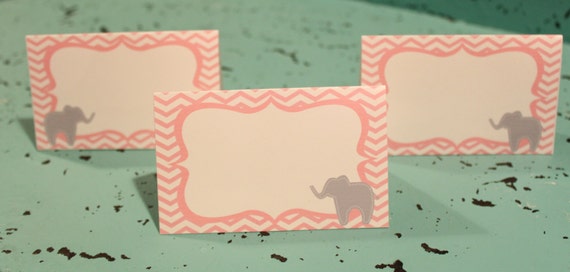 PREPPY CHEVRON ELEPHANT Baby Shower or Happy Birthday Buffet Cards Table Tents Food Labels Set of 6 Pink Grey