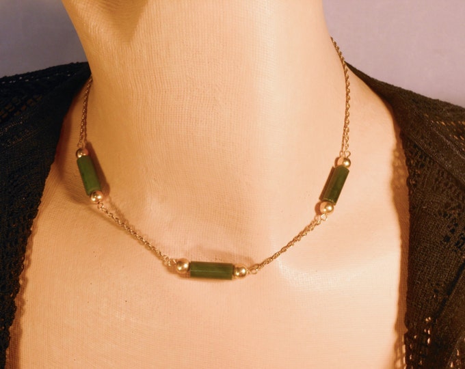 FREE SHIPPING Gold filled Jade choker, tube and gold balls chain necklace