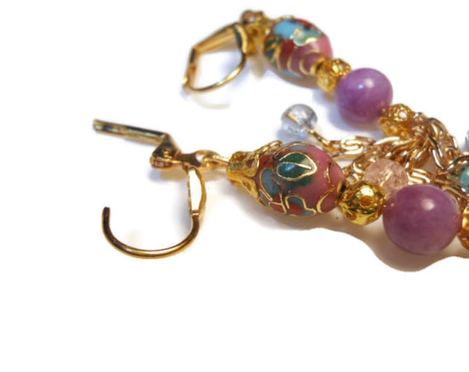 FREE SHIPPING Cloisonne drop earrings with Mayasian Jade and glass beads and chain with gold plate findings