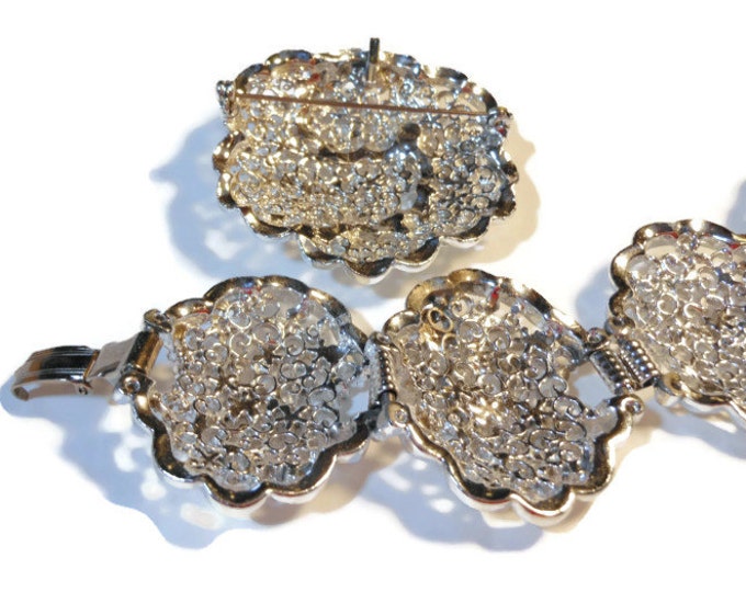 Filigree bracelet and brooch or pendant, cut work large silver plated floral demi parure brooch or pendant and 5 panel link bracelet