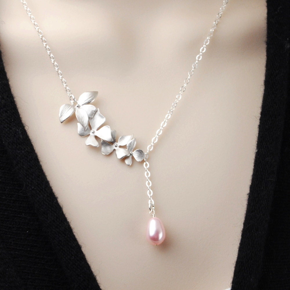 Pink Pearl Necklace Silver Flower Bridesmaid Necklace