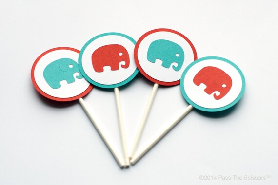 Baby Shower Decoration Elephant Cupcake Toppers Turquoise and Red Il_570xn