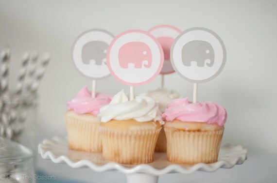 Set of 12 - Elephant Baby Shower Decoration, Elephant Cupcake Toppers, Baby Shower Cupcake Toppers, Baby Girl Shower Il_570xn