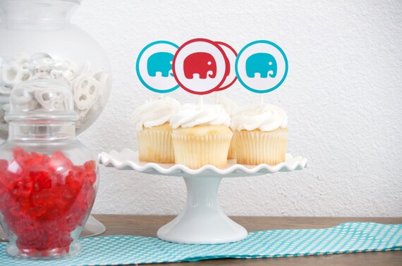 Baby Shower Decoration - Elephant Cupcake Toppers - Turquoise and Red Il_570xn