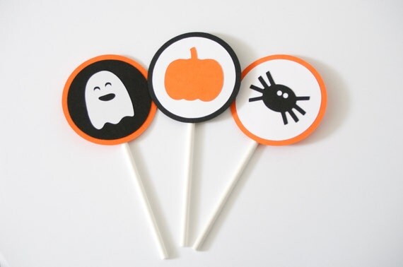 Set of 12 Halloween Cupcake Toppers, Ghosts Pumpkins and Spiders, Halloween Party Decoration Il_570xn