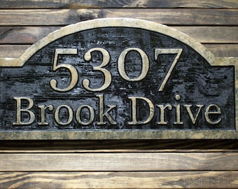 Wood Address Plaque Custom Carved Antique Brass Finished Large Wood Plaque