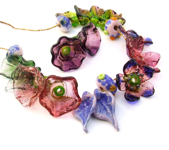 Lampwork Glass Flower Beads for Jewelry Making Set of 19